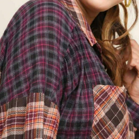 Umgee Asymmetrical Mixed Plaid Button Front Tunic - Picture 6 of 7